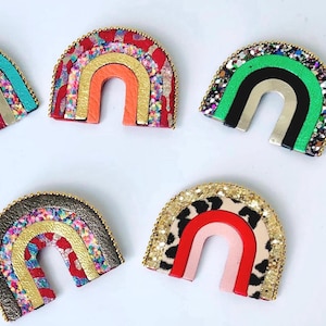 MINA rainbow brooch, made from recycled leather and edged with a gold ball chain. Handmade in France. Wedding accessory, birthday gift, Christmas gift.