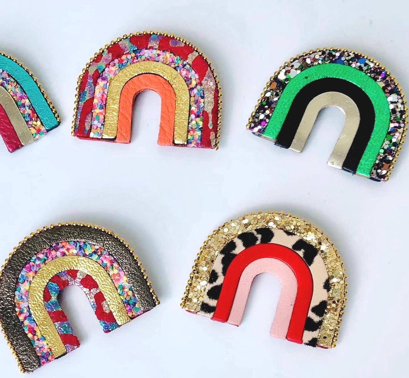 MIMIE rainbow brooch, recycled leather brooch edged with a golden ball chain. Handmade in France. Wedding accessory, birthday gift, mistress