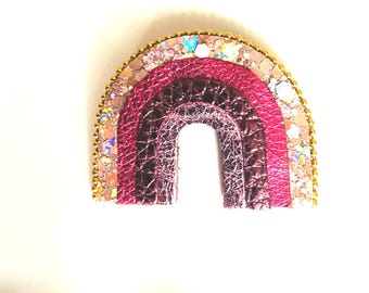 MIMIE rainbow brooch, recycled leather brooch edged with a golden ball chain. Handmade in France. Wedding accessory, birthday gift, mistress