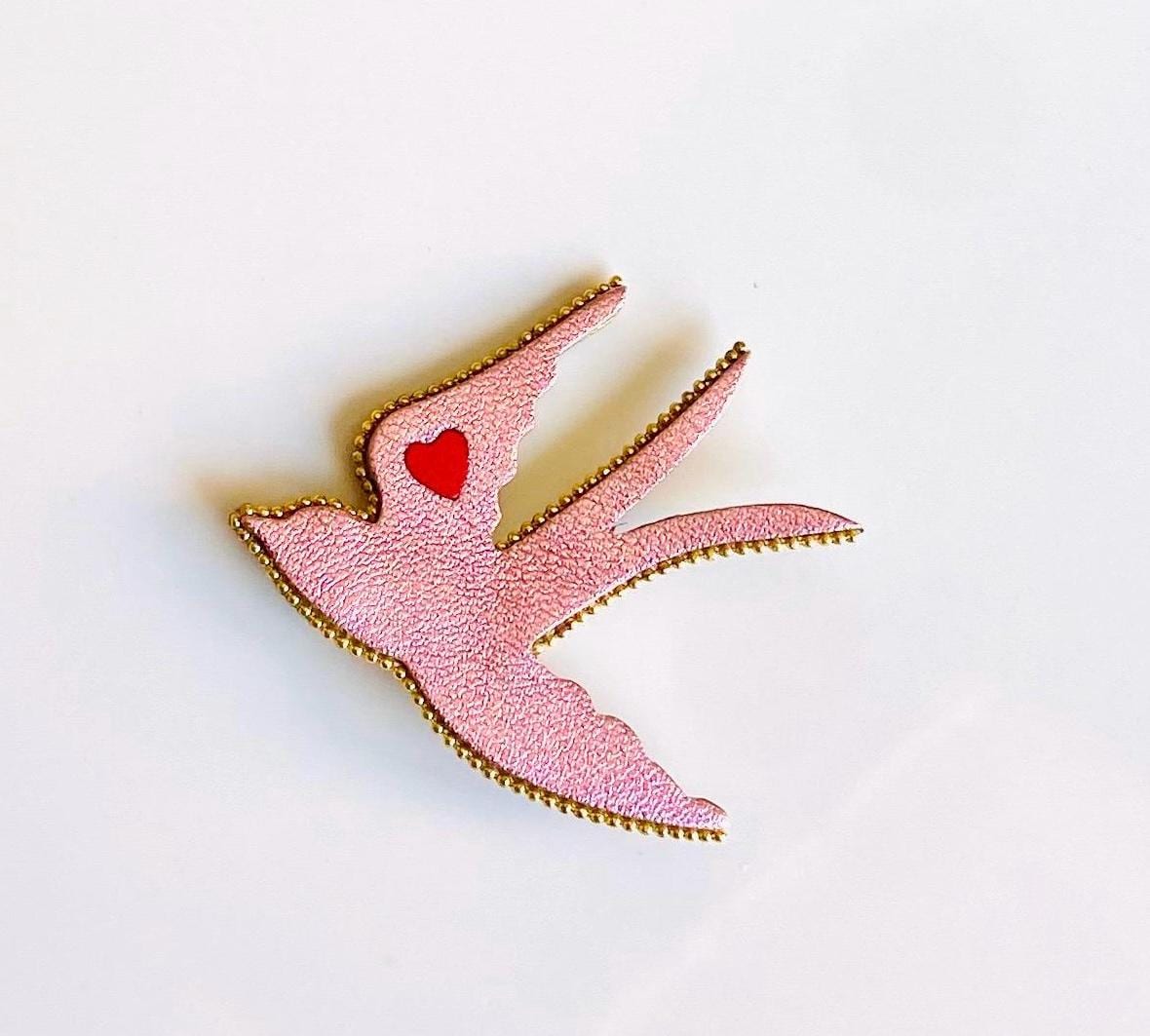 GINETTE swallow brooch in recycled leather. Handmade in France. Wedding accessory, birthday gift, teacher, Mother's Day.