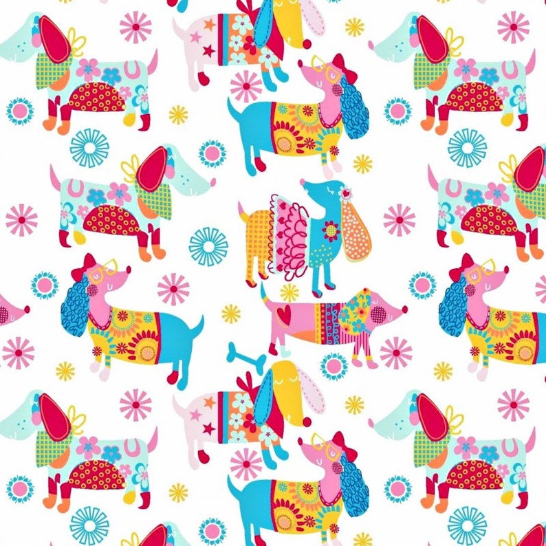 DACHSHUND WHITE Sewing Covering Curtain Home Deco Fabric 100/%Cotton 1Yard