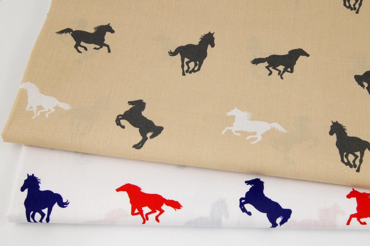 Horse fabric by the yard on beige animal print black horses Etsy