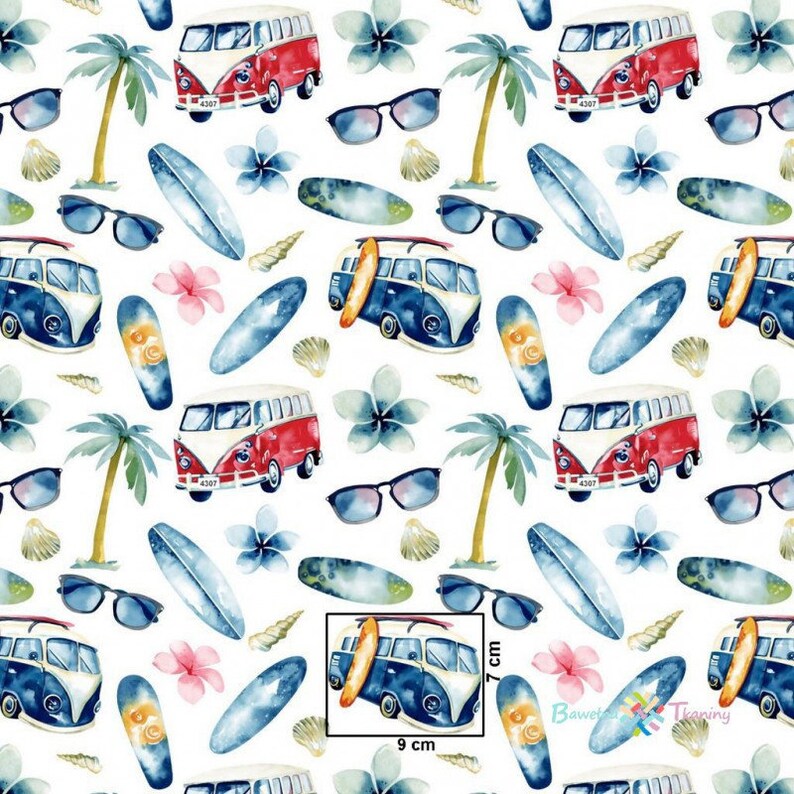 Volkswagen Fabric By The Yard Vw Camper Print On Cotton Surf Etsy