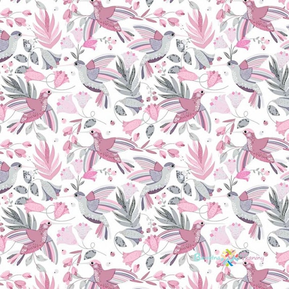 100/% Cotton Fabric 160cm wide, Grey and Pink Birds on White