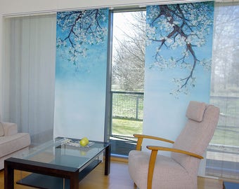 Cherry blossoms.Sakura.Textile wall hanging.Window panel.Blue window covers.Cherry window blind.Painted window blind.Art batik curtains.