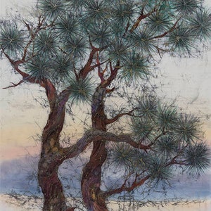 May include: A painting of a twisted, gnarled tree with green needles against a light blue and white background. The tree is in the foreground and the background is a hazy, abstract landscape.