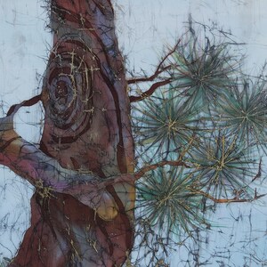 May include: Abstract painting of a tree trunk with a swirling pattern and a green pine branch with gold accents against a light blue background.