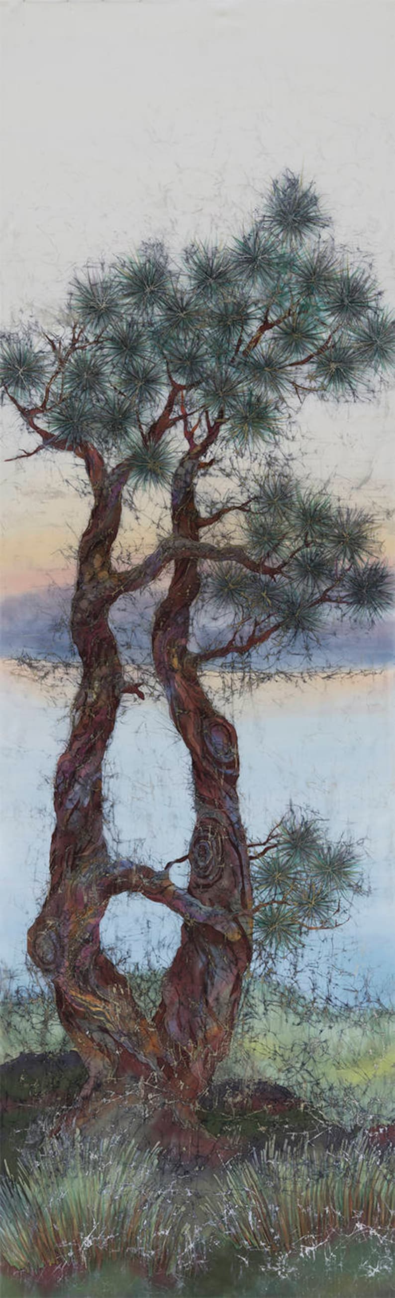 May include: A painting of a twisted, gnarled tree with green needles against a light blue and white background. The tree is in the foreground and the background is a hazy, abstract landscape.