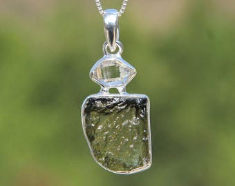Moldavit Herkimer diamanthänge: Handgjort 925 silver med flera stenar