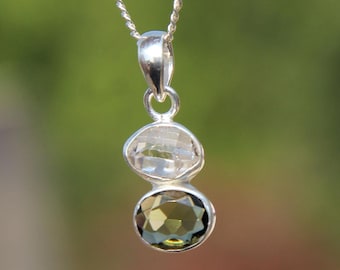 Handmade Moldavite and Herkimer Diamond 925 Silver Pendant