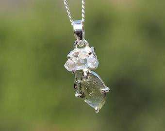 Raw Moldavite & Herkimer Diamond Pendant - Handmade 925 Silver