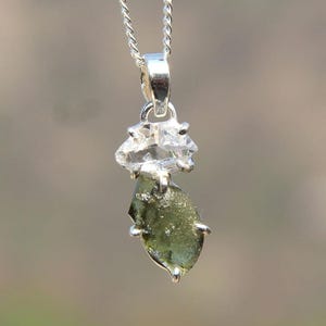 Raw Moldavite & Herkimer Diamond Pendant - Handmade 925 Silver