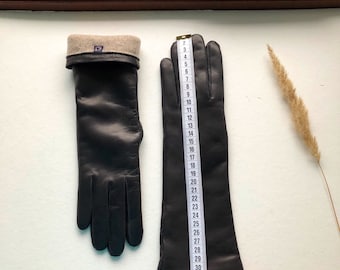 Touchscreen Black Leather Gloves, Cashmere Lined, Long Gloves,Fingerless Gloves,Black Gloves,handmade gloves,vintage gloves, red gloves