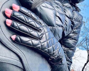 Italian Leather Fingerless Gloves, Handmade Black Gloves