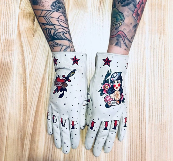 Custom Leather Gloves Tattoo Glovesthe Office Tattoo Flash Etsy