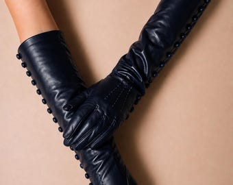 Opera Leather Gloves | Long Black Nappa Gloves With Contrast