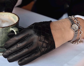 Women's Short Unlined Italian Leather Gloves, Leather Gloves,Fingerless Gloves,Black Gloves,handmade gloves,vintage gloves, red gloves, navy