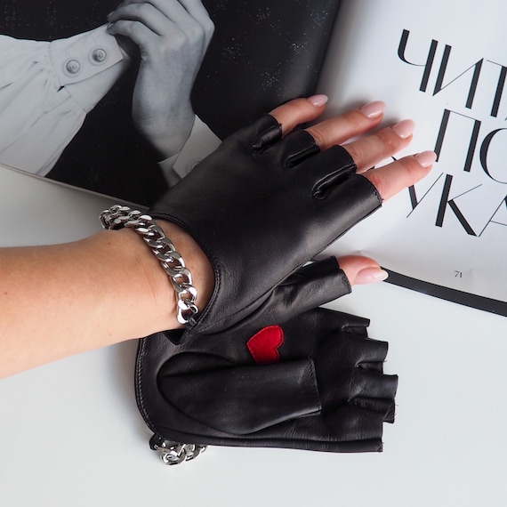Handmade Leather Fingerless Gloves, Black Glovelets, Heart Detail