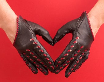 Ungefütterte kurze italienische Lederhandschuhe, Lederhandschuhe, schwarze Handschuhe, handgemachte Handschuhe, Vintage Handschuhe, rote Handschuhe