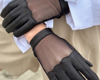 Combination gloves, french mesh, кожаные перчатки, женские перчатки, вечерние перчатки, перчатки, Женские кожаные перчатки из смешанной сетк