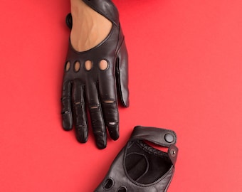 Unisex Leather Driving Gloves, Perforated Black Lambskin, fit leather gloves, gloves USA, vintage gloves, driving leather gloves, gift