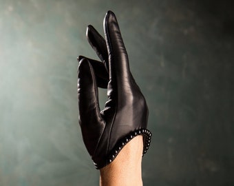 Italian Leather Fingerless Gloves, Agate Pearl Wrist Detail
