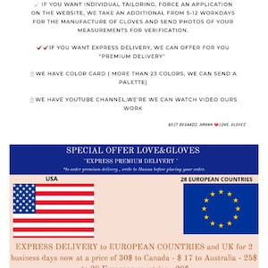 May include: A graphic with information about express delivery options for gloves. The graphic includes flags for the United States, United Kingdom, Australia, and the European Union. The text states that express delivery to European countries and the UK takes 2 business days and costs $20. Express delivery to Canada costs $30, and to Australia costs $25.
