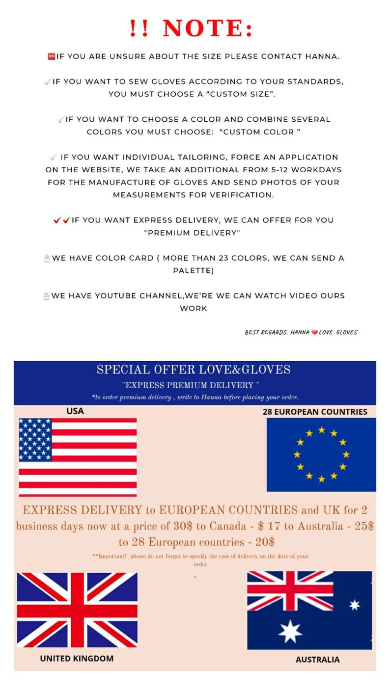 May include: A graphic with information about express delivery options for gloves. The graphic includes flags for the United States, United Kingdom, Australia, and the European Union. The text states that express delivery to European countries and the UK takes 2 business days and costs $20. Express delivery to Canada costs $30, and to Australia costs $25.