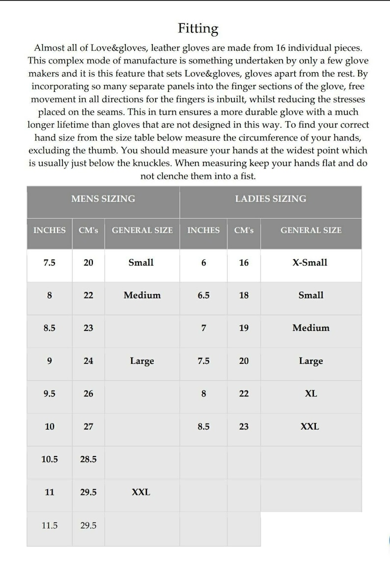 Glove Size Chart - How to Measure Your Hand - Etsy