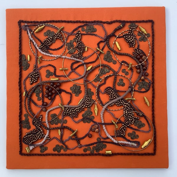 Original Orange and Metalwork Embroidered Wall Art