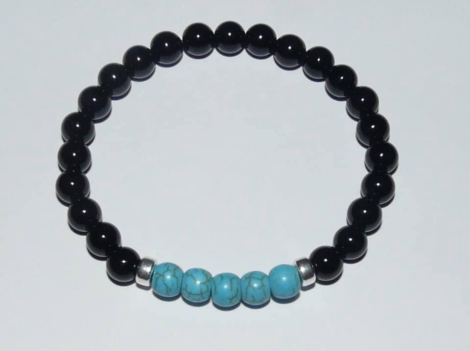 Turquoise & Black Onyx Gemstone Beaded Stretch Bracelet | Etsy