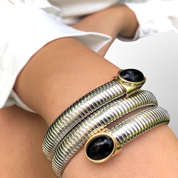 Snake Chain Bracelet 18K Wrap Long Bold Bangle Black Onyx Stone Luxury Women's Jewelry Omega Chain Armband Gemestone Cuff Woman Wrist Wear