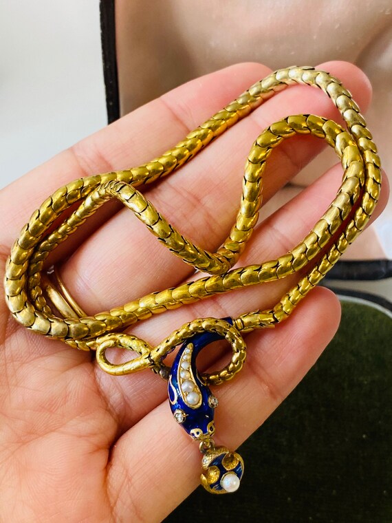 antique Victorian snake necklace blue enamel diamo