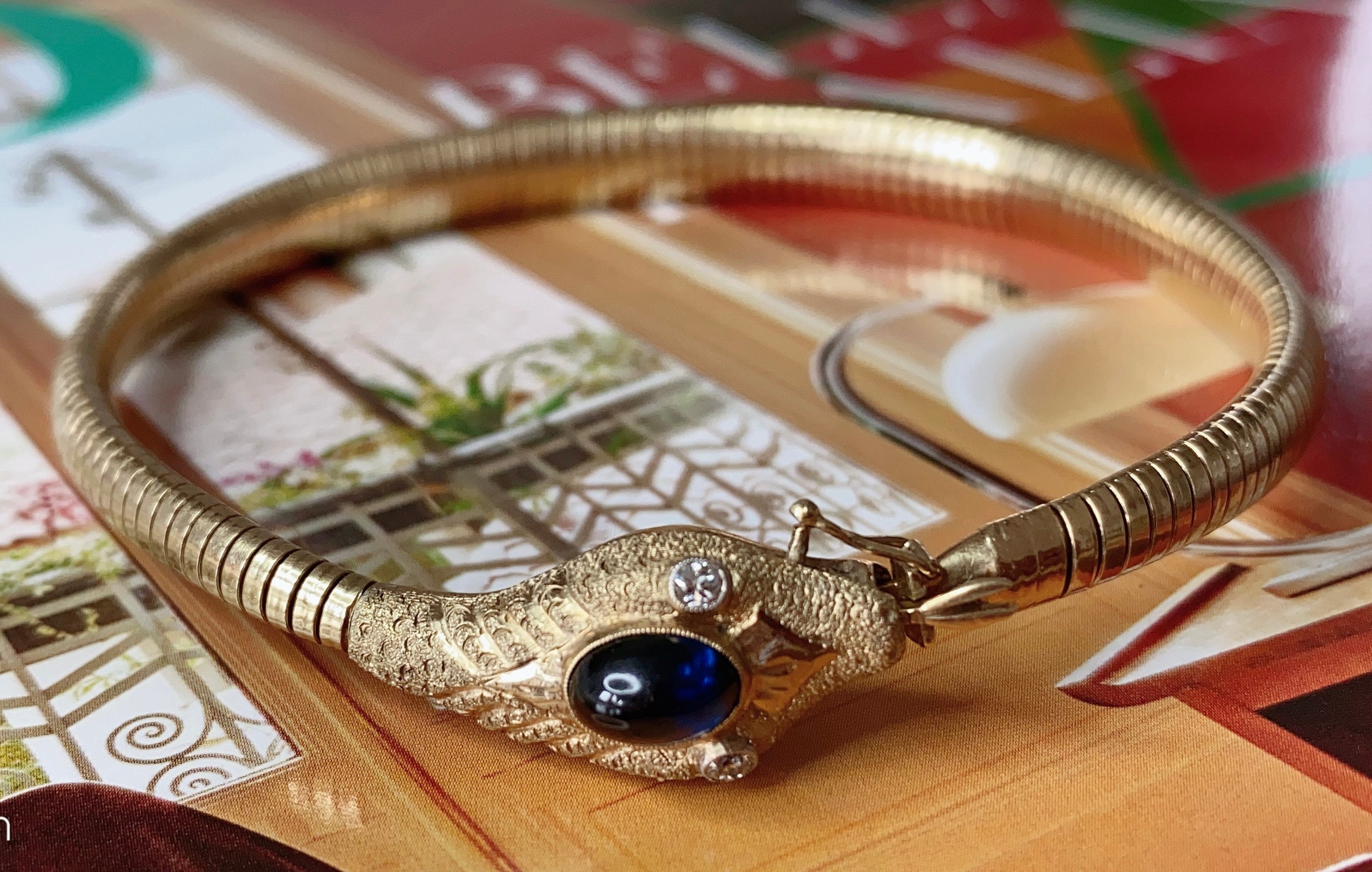 Rare 14k Gold Snake bracelet with Genuine Sapphire Cabochon Etsy