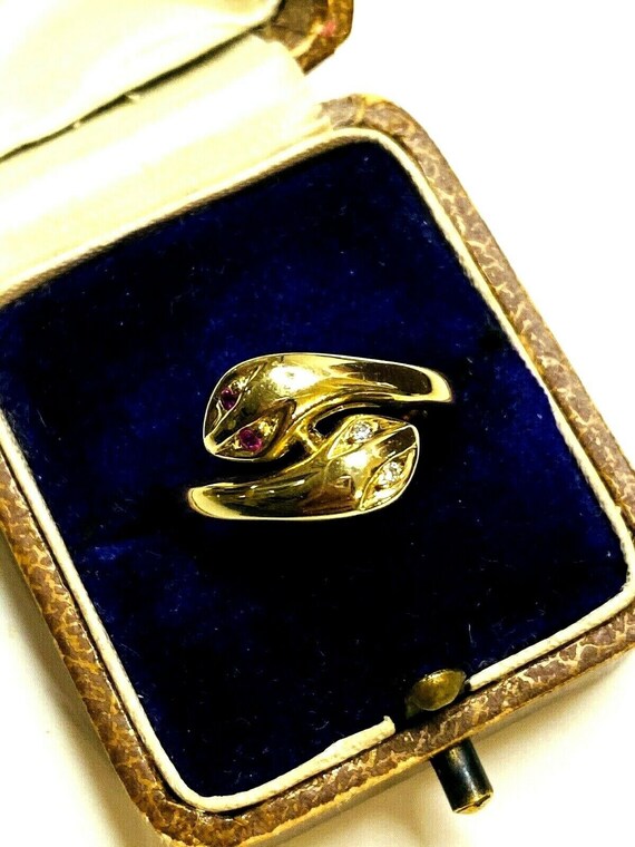 Vintage 14k Gold Snake Ring Ruby Brillant Diamonds