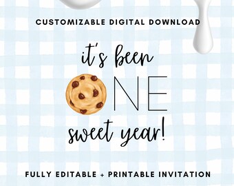 Editable &quot;One Sweet Year&quot; Cookies and Milk Theme | Blue Gingham | Baby&#39;s First Birthday Invitation | Digital File | Canva Template