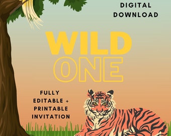 Editable "Wild One" Jungle Animals Baby's First Birthday Invitation | Digital File | Canva Template