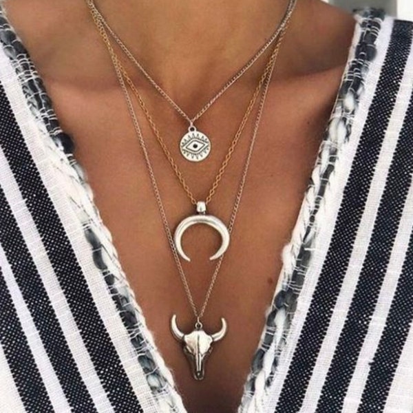 The Sammy: Silver-Plated Triple Tiered Bull Horn Moon and All-Seeing Eye Necklace | Boho Chic Statement Jewelry