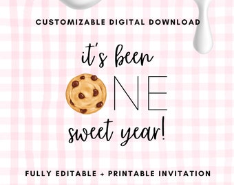 Editable &quot;One Sweet Year&quot; Cookies and Milk Theme | Pink Gingham | Baby&#39;s First Birthday Invitation | Digital File | Canva Template