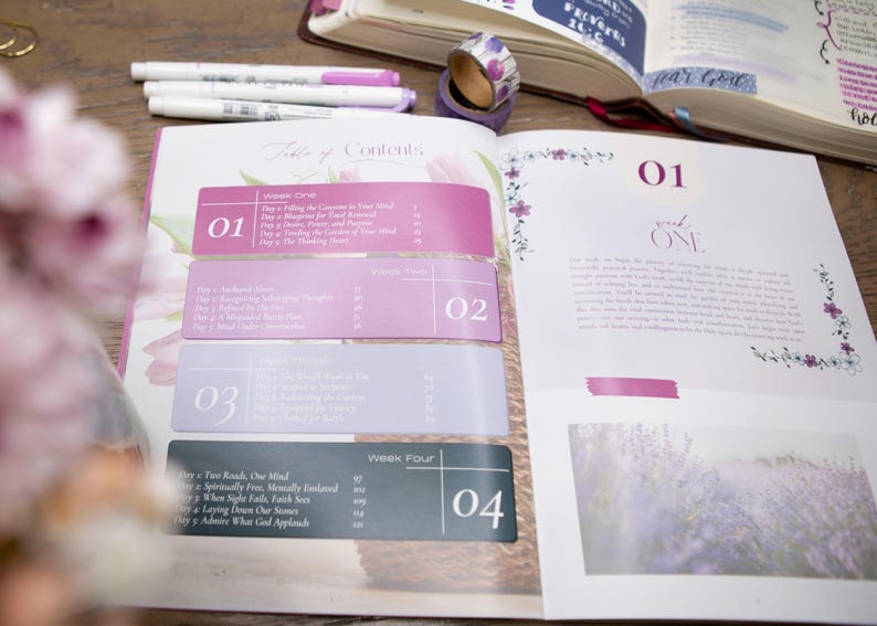May include: Open journal with a table of contents and the number 01 on the right page. The table of contents has pink and gray labels. Pens and washi tape are on the wooden surface.