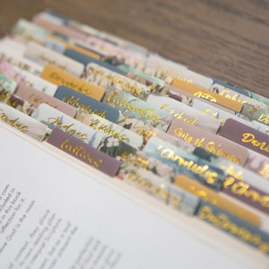 Puede incluir: Primer plano de una Biblia con pesta&ntilde;as florales de colores que marcan cada libro de la Biblia. Las pesta&ntilde;as est&aacute;n etiquetadas con los nombres de los libros, incluyendo &Eacute;xodo, Jueces, 2 Reyes, Ezequiel, Cantar de los Cantares, Daniel, 1 Cr&oacute;nicas y 2 Cr&oacute;nicas.