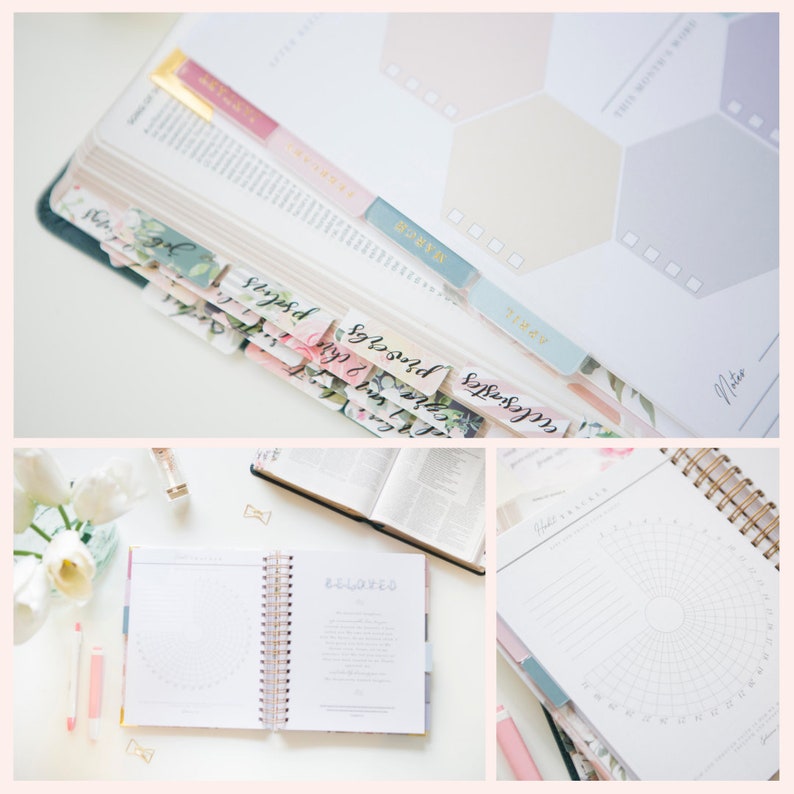 May include: A spiral-bound planner featuring monthly tabs with floral patterns and text labels. The interior pages include a circular habit tracker, a section titled BELOVED, and hexagonal monthly planning boxes in soft pastel shades of pink, blue, and cream.