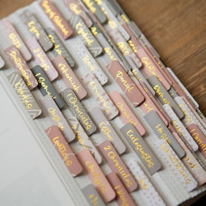 May include: A close-up of a Bible with pink and gray tabs labeled with the names of books of the Bible, including Genesis, Exodus, Leviticus, Numbers, Deuteronomy, Joshua, Judges, Ruth, 1 Samuel, 2 Samuel, 1 Kings, 2 Kings, 1 Chronicles, 2 Chronicles, Ezra, Nehemiah, Esther, Job, Psalms, Proverbs, Ecclesiastes, Song of Solomon, Isaiah, Jeremiah, Lamentations, Ezekiel, Daniel, Hosea, Joel, Amos, Obadiah, Jonah, Micah, Nahum, Habakkuk, Zephaniah, Haggai, Zechariah, Malachi, Matthew, Mark, Luke, John, Acts, Romans, 1 Corinthians, 2 Corinthians, Galatians, Ephesians, Philippians, Colossians, 1 Thessalonians, 2 Thessalonians, 1 Timothy, 2 Timothy, Titus, Philemon, Hebrews, James, 1 Peter, 2 Peter, 1 John, 2 John, 3 John, Jude, and Revelation.