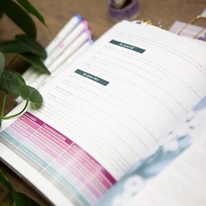 May include: Open book with text and color-coded charts. The pages are white with black text. The charts have pink, purple, and blue color gradients. Green leaves and white and purple markers are in the background.