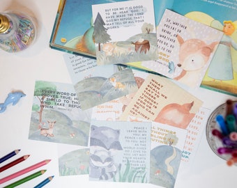 May include: A set of colorful illustrated cards with bible verses and animal illustrations. The cards feature a variety of animals, including a fox, a deer, a raccoon, and a bird. The verses are printed in a clear, easy-to-read font.