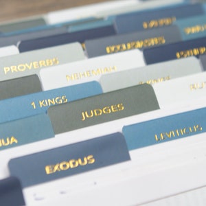 May include: A set of colorful tabs with gold lettering for a Bible. The tabs include the names of books of the Bible, such as Exodus, Judges, and Leviticus.