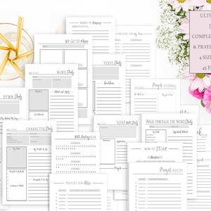 May include: A set of printable Bible study and prayer journal pages. The pages are designed with a simple, modern aesthetic and include sections for hymn study, character study, verse study, and more. The text on the page reads "Ultimate Faith Journal: Complete Bible Study & Prayer Journal Set, 4 Sizes Included, 45 Pages in All."