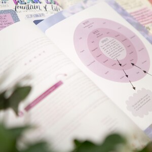 May include: Open journal pages with handwritten text and a diagram illustrating the body, soul, and spirit. The diagram is in shades of pink and purple. Other pages have floral designs and handwritten notes.