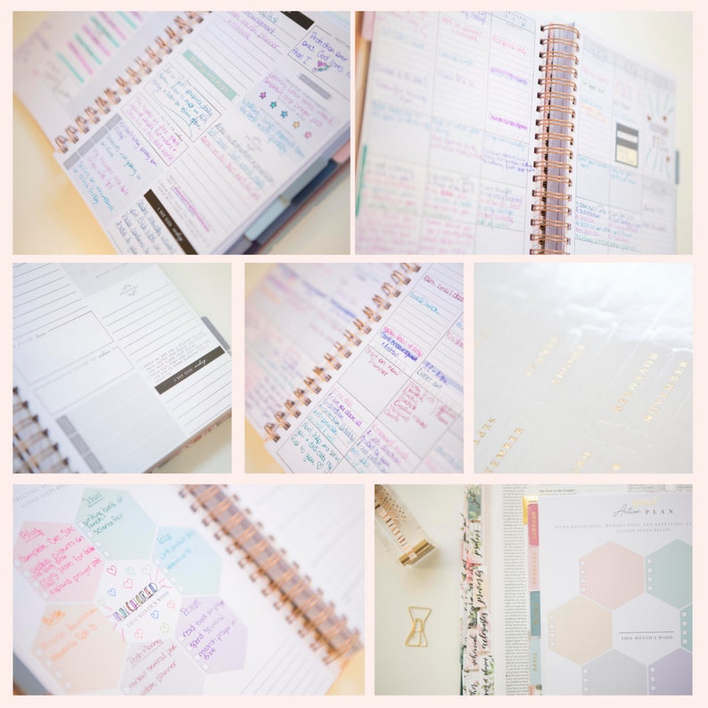 May include: A spiral-bound planner featuring various layouts including daily task lists, monthly action plans, and hexagonal goal-tracking sections. The pages contain handwritten notes in blue and pink ink, gold-foiled month tabs, and a gold metal paperclip.