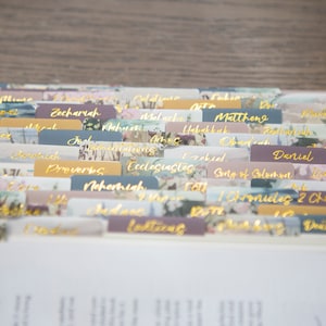 Puede incluir: Primer plano de una Biblia con pesta&ntilde;as coloridas que marcan diferentes libros de la Biblia. Las pesta&ntilde;as tienen patrones florales y letras doradas. Los libros incluyen Zacar&iacute;as, Proverbios, Eclesiast&eacute;s, Cantar de los Cantares, 1 Cr&oacute;nicas, 2 Cr&oacute;nicas, Deuteronomio, y m&aacute;s.